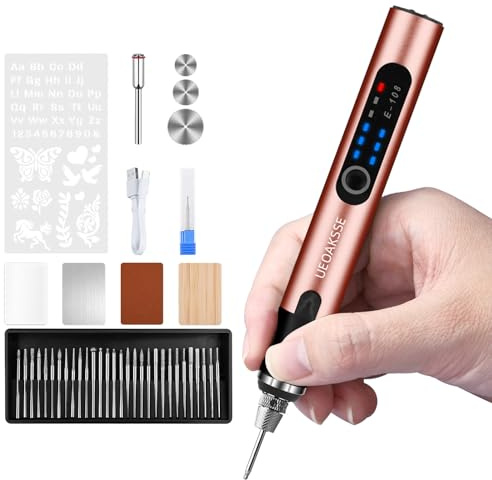 UEOAKSSE bolígrafo de grabado – 3 velocidades, batería recargable rápida e inalámbrica, 60+ accesorios, mini bolígrafo de grabado. Ideal para joyería, madera y bricolaje (rosa)