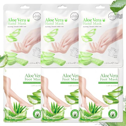 6 Paar Aloe Vera Fussmaske Socken und Handmaske Handschuhe - Feuchtigkeit Handmaske Fußmaske Hornhaut - Soften Peeling Fußmaske für Sehr Trockene Füße - Tägliche Handpflege Fußpflege für Männer Frauen