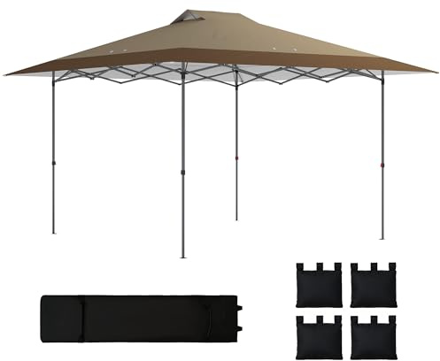 Outsunny Carpa Plegable Pop-up Gazebo 4x4 m, Cenador Plegable con Bloqueo Central, UPF50+, Altura Ajustable, 4 Bolsas de Arena y Bolsa de Transporte con Ruedas, para Camping, Fiestas, Beige y Café
