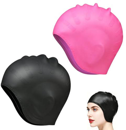 2Pcs Swim Hats, Swimming Cap Men Elastic Anti-Slip Swim Caps for Women Swimming Hat Women with 3D Ear Protection Long Short Hair, Waterproof Swimmings Cap Lightweight (Pink and Black)