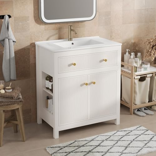Sweiko Meuble Vasque avec Lavabo Céramique, Buffet de Salle de Bain sur Pied, Design à Cannelures et Poignées Dorées, Meuble de Toilette avec Tiroir Soft-Close