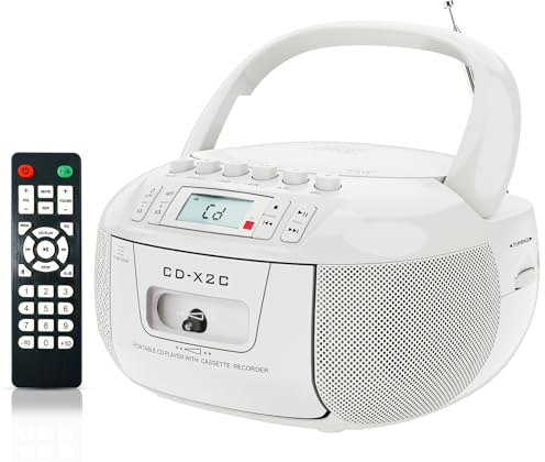 Boombox portatile con lettore CD e cassette con Bluetooth, radio AM FM, compatibile con CD/CD-R/CD-RW/MP3/WMA, suono stereo, registratore di cassette, telecomando, batteria o alimentazione CA
