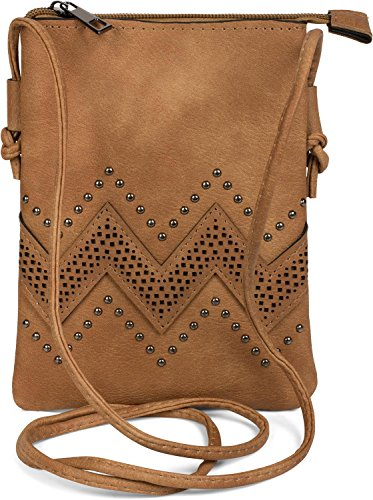 styleBREAKER Damen Mini Bag Umhängetasche mit Zick-Zack Cutout und Nieten, Schultertasche, Handtasche, Tasche 02012211, Farbe:Camel