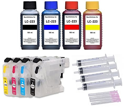 Nachfüllbare Tintenpatronen kompatibel mit Brother LC-223 + 400 ml Nachfülltinte für DCP-J4120 J562 MFC-J1100 J1140 J1150 J1170 J1180 J4420 J4425 J4620 J4625 J480 J5320 J5600 J5620 J5625 J5720 J680