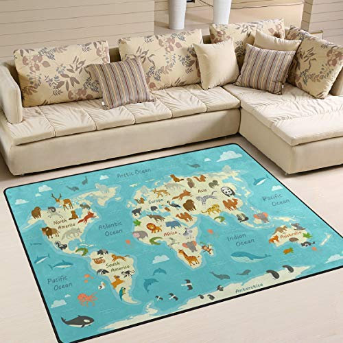 Use7 Teppich mit Cartoon-Tiermotiv, Weltkarte, für Wohnzimmer, Schlafzimmer, 203 cm x 147,3 cm