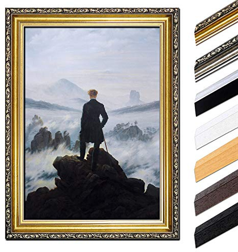 Bilderdepot24 Bild mit Rahmen - Caspar David Friedrich Der Wanderer über dem Nebelmeer 60x80 cm - Gerahmtes Leinwandbild Alte Meister - Antiker Rahmen Gold Barock, Klassisch