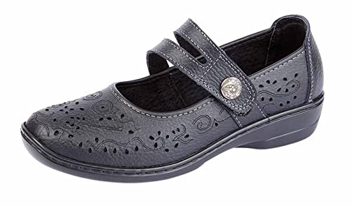 Boulevard Womens Ladies Genuine Leather Mary Jane Touch Fastening Slip On Casual Summer Sandals Pumps Shoes UK 4-8 (Black, Numeric_6)