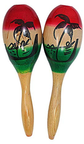 Needzo Maracas Musical Instrument, Small Wooden Tri-Colored with Palm Tree Silhouette, Latin Percussion, for Adults (Set of 2)