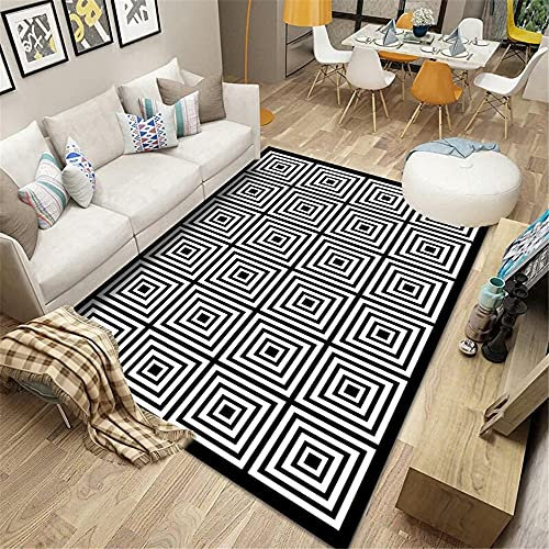 Xiaosua webteppich Schwarz Wohnzimmer Teppich Schwarz Weiß Quadrat geometrische robuste Teppichwasserwäsche Teppich gewebt 160x200cm kinderteppiche 5ft 3''X6ft 6.7''