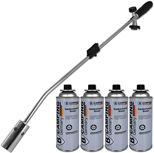 Bahama Quemador de malas hierbas con encendido piezoeléctrico con 4 cartuchos de gas, dispositivo de fuego, herbicida, cartuchos, quemador de malas hierbas, juego de quemador de gas, plateado, 80 cm