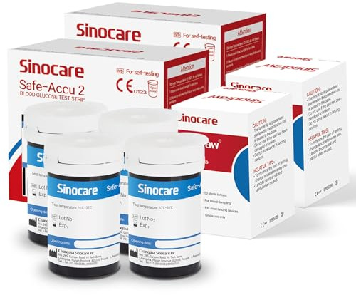 Sinocare Strisce Glicemia Safe-Accu2, 100 Strisce Reattive e 100 Lancette | Compatibili solo con Safe-Accu2, risultati in 10 s, precisione ISO 15197, tecnologia anti-interferenza, senza codifica