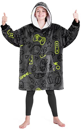 CityComfort Hoodie Blanket for Kids & Teenagers Fleece Wearable Blanket Warm Gamer Football Oversized Hoodie with Sherpa Hood Loungewear Gaming Gifts (Grey Gaming)