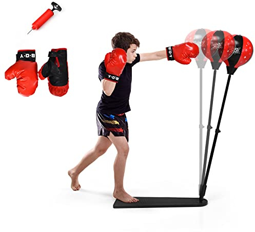 GYMAX Punchingball 85-130 cm höhenverstellbar, Box Set mit Boxhandschuhen & Handpumpe, Boxstand mit rutschfestem Pedal, Standboxball für Kinder & Jugendliche ab 8 Jahre