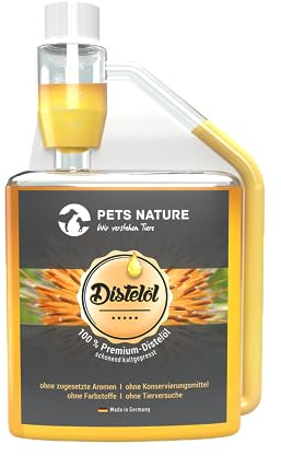 Pets Nature Olio di cardo per cani e gatti, puro olio di cardo di alta qualità, ricco di acidi grassi omega-6, acido linoleico, 100% naturale, delicatamente spremuto a freddo, prodotto in Germania