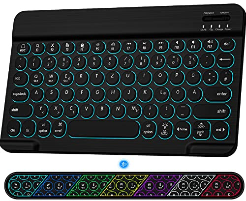 HUOBAO Bluetooth-Tastatur,7-Farben-Hintergrundbeleuchtung Ultraschlanke kabellose Wiederaufladbare Tastatur für iPad/Lenovo/Samsung/Surface Tablet/Windows,Rutschfest, Deutsches QWERTZ-Layout - Schwarz