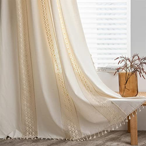 SAYT RLAE Vorhang Boho Blickdicht Vorhänge Beige Baumwolle Leinen Gardinen mit Quasten und Häkeln Stricken Vertikale Streifen Makramee Vorhang Landhaus Vintage Landhausstil, 1 Stück, B150xH160cm