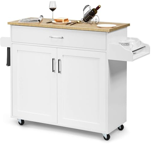 GiantexUK Kitchen Island Cart (White, 116 x 40 x 85 cm) | Rolling Storage Serving Trolley with Large Drawer, Adjustable Shelf and Towel Rack, Utility Storage Cabinet Unit