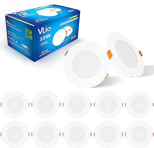 Vlio 10W LED Downlights for Ceiling, 3000K Warm White, 110mm-125mm Hole Size, 960LM, Ultra Slim LED Recessed Ceiling Lights IP44 Round Spotlights for Bathroom Kitchen Living Room, 10 Pack