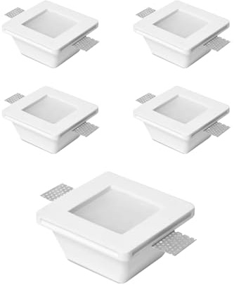 Eurekaled® - 5 pezzi Portafaretti in Gesso CERAMICO da Incasso Quadrato con Vetro per Controsoffitti per GU10 e MR16