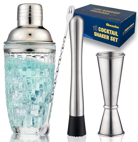 Gbuxska Cocktail-Shaker-Set, inkl. Messbecher, Rührlöffel und Stößel, perfekt für Zuhause, Bar-Zubehör, perfekt für die Herstellung von Cocktails und Protein-Shakes, silberfarben