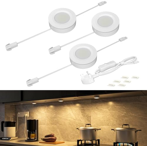 WOBANE Under Cupboard Lights,Linkable LED Puck Lights with UK Plug & Switch,Natural White Cabinet Lighting for Kitchen,Counter,Shelf,Closet,Worktop,4000K,8.5 W,Round,Set of 3