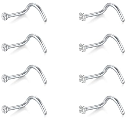 D.Bella 18G Nose Screw Curved Nose Studs Silber Chirurgenstahl Diamant Cubic Zirkonia 8Pcs Nose Piercing Schmuck für Frauen Männer