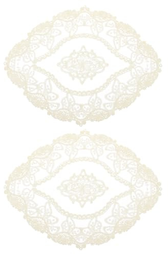 QUARKZMAN 2pz Sottobicchieri in Pizzo Retrò, Centrini all'Uncinetto Francese Ovale Ricamati Vuoti Tazze Vasi Tavolo per Pranzo Cucina Festa 28x22mm, Beige