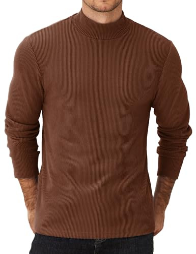 COOFANDY Herr Mock Neck Jumper långärmad halv polotröja lätt tröja termisk ribbad jumper toppar undertröja, Brun polokrage, S