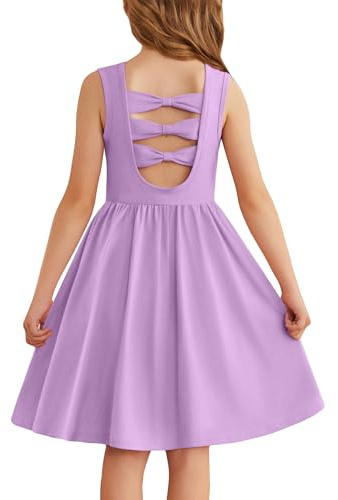 Arshiner Ragazze Abito Senza Maniche Bambini Estivo Indietro Bow Tie Vestito Cotone Casual Festivo Vestito Maniche Corte Swing Abiti da Festa per Ragazze 3-14 Anni