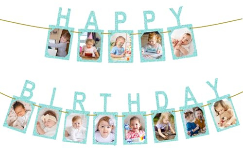 Grattis på födelsedagen Fotobanner, Glitter Kraftkortpapper Fotobanner Album Foto Födelsedagsbunting Grattis på födelsedagen Bunting för barn och vuxna Födelsedagsfestdekoration (blå)