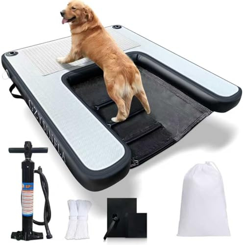 Aufblasbare große Wasserrampe für Hunde, schwimmende Rampe, schwimmende Rampe, schwimmende Haustiere bis zu 90 kg, große Hunde, aufblasbare Treppe für Boote, Docks, mit Pumpe/Seil/Reparaturset