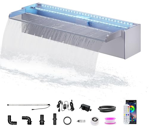 LONGRUN 60cm Teich-Wasserfall,Acryl Pool-Wasserfall mit RGB Bluetooth LED Garten Brunnen