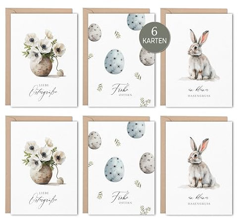 NORDEULE Osterkarten im 6er Set | 6 DIN A6 Grußkarten mit Aquarellmotiv inkl. Briefumschlag | ideal für Ostergeschenke Grüße Briefpost Osternest Kundenpräsente Mitbringsel