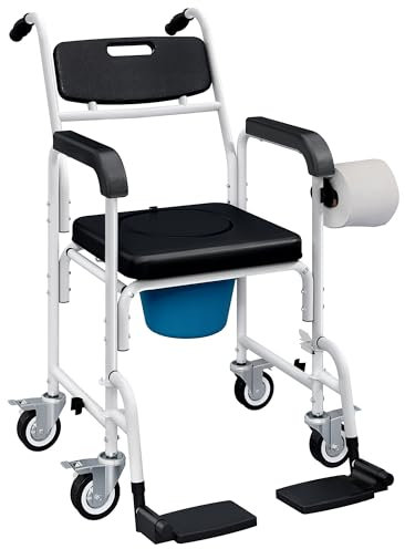 HOMCOM Sedia a Rotelle con WC Impermeabile 4 in 1, Sedia Comoda WC per Anziani e Disabili con Ruote, Freno e Porta Rotolo, Carrozzina Sedia da Doccia Bagno con Poggiapiedi Pieghevoli e Braccioli, Nero