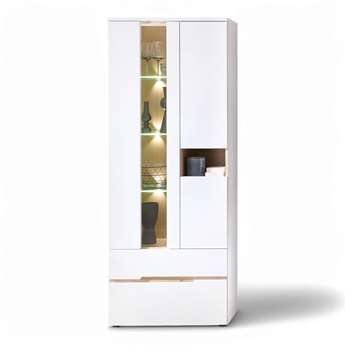 MEMPHIS Vitrine Vitrinenschrank Weiß Artisan Eiche 75 x 197 x 38 cm (B/H/T) | Moderne Glasvitrine mit LED-Beleuchtung, Holztüren, Glastür, offenem Fach sowie geräumigen Schubladen
