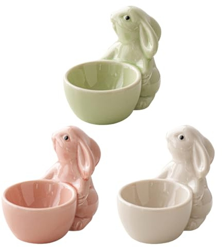 Eoixuqba 3-Pieces Set Rabbits Egg Cup Stand, 8.5x7cm Easter Egg Cups Ceramic, Easter Bunny EggHolder, Rabbits Eggs Holder, for EasterDecoration, for Kitchen Boiled Eggs Breakfast (Green Pink White)