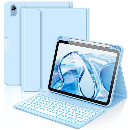 aMZCaSE para iPad A16 10/11th Generation Funda con Teclado 11/10.9 Inch(2025/2022),Funda con Retroiluminado de 7 Colores con Teclado Inalámbrico Desmontable con Soporte para Bolígrafo (Azul pálido) | Funda con Retroiluminado de 7 Colores con Teclado Inalámbrico Desmontable con Soporte para Bolígrafo(Azul pálido)