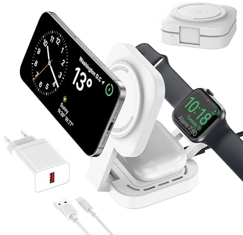 Carga inalámbrica 3 en 1 para Apple Dispositivo, Mini Estación Carga Plegable para Magsafe para iPhone 17/Air/16/15/14/13/12 Serie, Apple Watch Serie y AirPods Pro/2/3/4(Adaptador Incluido) (Blanco)