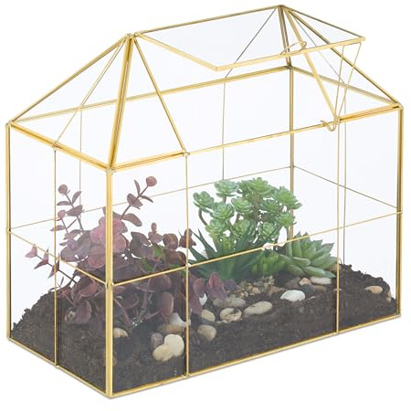 Relaxdays Terrarium för dina växter, dekorativt och praktiskt, för fönsterbrädan, 27 x 30 x 15 cm, guld