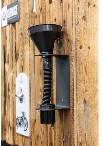 Hi-Q Tools Entonnoir de remplissage avec tube flexible de 37 cm, support mural et bac de récupération, idéal pour atelier, garage, voiture, voiture, moto, scooter, quad