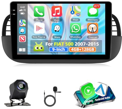 4+128G Motorsi Carplay Autoradio per Fiat 500 2007-2015 con Wireless Android Auto, Bluetooth Car Stereo Schermo con ASP/GPS Navigation/WiFi/FM/RDS/SWC/USB/Mirror Link/Canbus+AHD/CVBS Telecamera