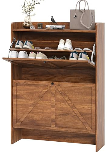 Zapatero independiente con 2 cajones abatibles, zapatero de nogal para entrada, 80 x 24 x 108 cm, diseño que ahorra espacio para soluciones de almacenamiento en el hogar