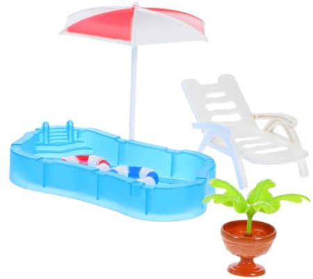 BESTonZON Miniature Dollhouse Swimming Pool Set Swim Ring, Beach Chair and Umbrella, Fairy Garden Mini Pool Decor for Kids Play and Diy Toy House Accessories
