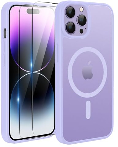 TQIAHF Magnetic Phone Case Cover for iPhone 14 Pro Max,Purple | with 2 Tempered Glass Screen Protector Compatible with MagSafe Military Grade Shockproof Protective Slim Translucent Matte