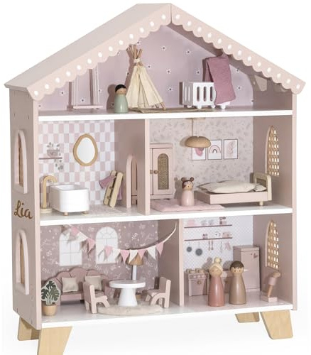 Mainely Puppenhaus Holz Premium Rosa – personalisiertes Puppenhaus mit Namen, hochwertiges Holzspielzeug nachhaltig, Montessori Rollenspiel, Geschenk Mädchen 3 Jahre, Geburtstagsgeschenk Kind