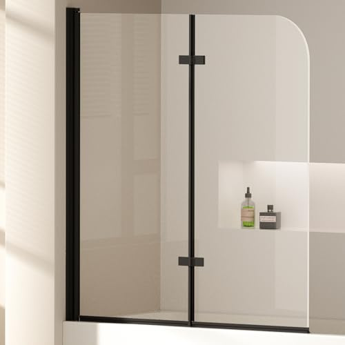 EMKE Duschwand Badewanne 120x140cm, 2-teilig Faltbar, Schwarz | 6 mm ESG Sicherheitsglas, Beidseitig nano-beschichtet, Wasserabweisend, Pflegeleicht, Stabile Konstruktion, Modern