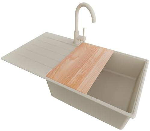 PRIMAGRAN Lavandino da Cucina al Mobile 60cm + Rubinetto, 90x50cm | Set: Rubinetto BW5010 + Kit di scarico + Tagliere + Lavello in Granito a 1 Vasca - Copenhagen Top, Beige
