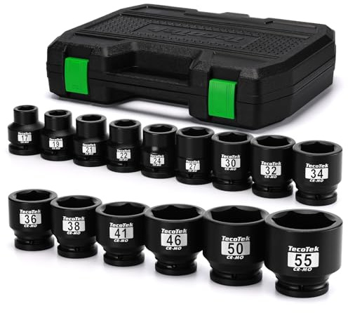 TecoTek 3/4 Drive Shallow 6-Point Impact Socket Set, 15-Piece Heavy Duty Impact Socket Set, CR-MO, Metric (17mm to 55mm), Enhanced Storage Case