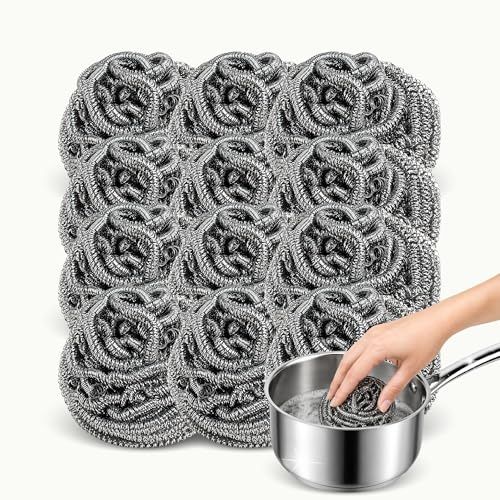 CHEFZOCO Estropajo para Fregar, Esponja para Lavar Platos, Estropajos de Acero Inoxidable, Limpiador Superficies metálicas, Esponja Limpieza Metálico, Apto para Suciedad Incrustada, 12 Unidades