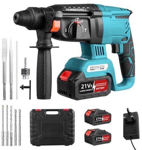 Teodute 20V SDS-Plus 2.8J Cordless Hammer Drill, Brushless Motor 0-5500RPM | 4 Functions Rotary SDS Plus Hammer Drill with 2×3.0Ah Battery, Safety Clutch, 1500W Brushless Motor, LED Light & 5 Drills